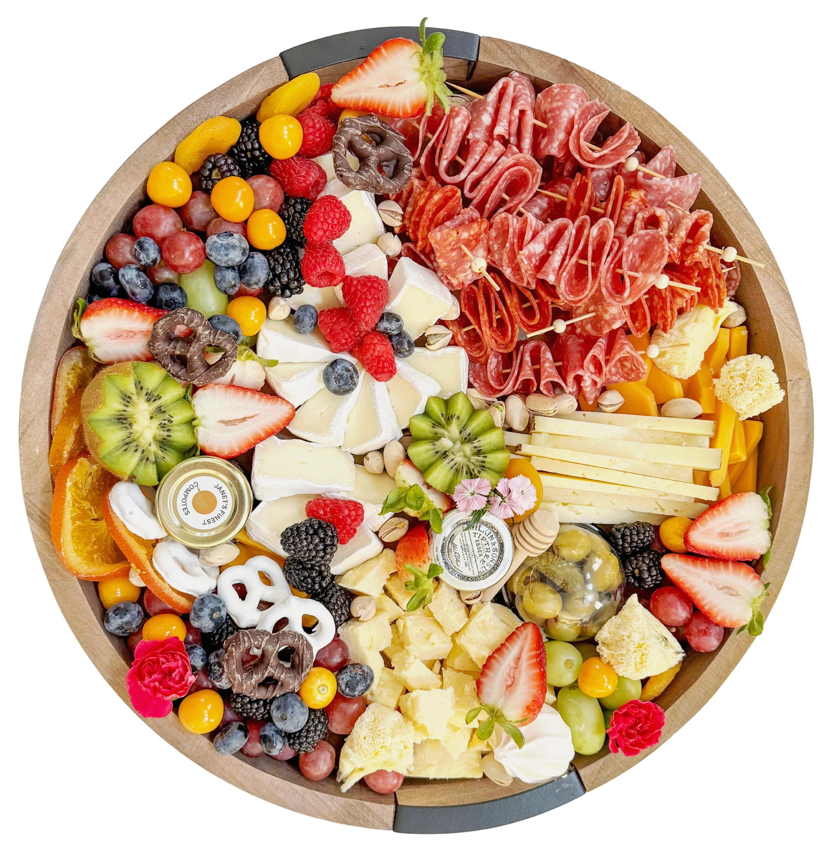 Gourmet charcuterie board with brie, cheddar, manchego, salami, prosciutto, ciabatta, olives, cornichons, strawberries, grapes, blackberries, honey, compote, dried orange slices, and licorice — ideal for charcuterie delivery near me, custom charcuterie boards in Orange County, and luxury meat and cheese boards in cities like Irvine, Laguna Beach, Newport Beach, Dana Point, Mission Viejo, Rancho Santa Margarita, Ladera Ranch, Lake Forest, San Clemente, Coto de Caza, Aliso Viejo, Trabuco Canyon, and beyond.