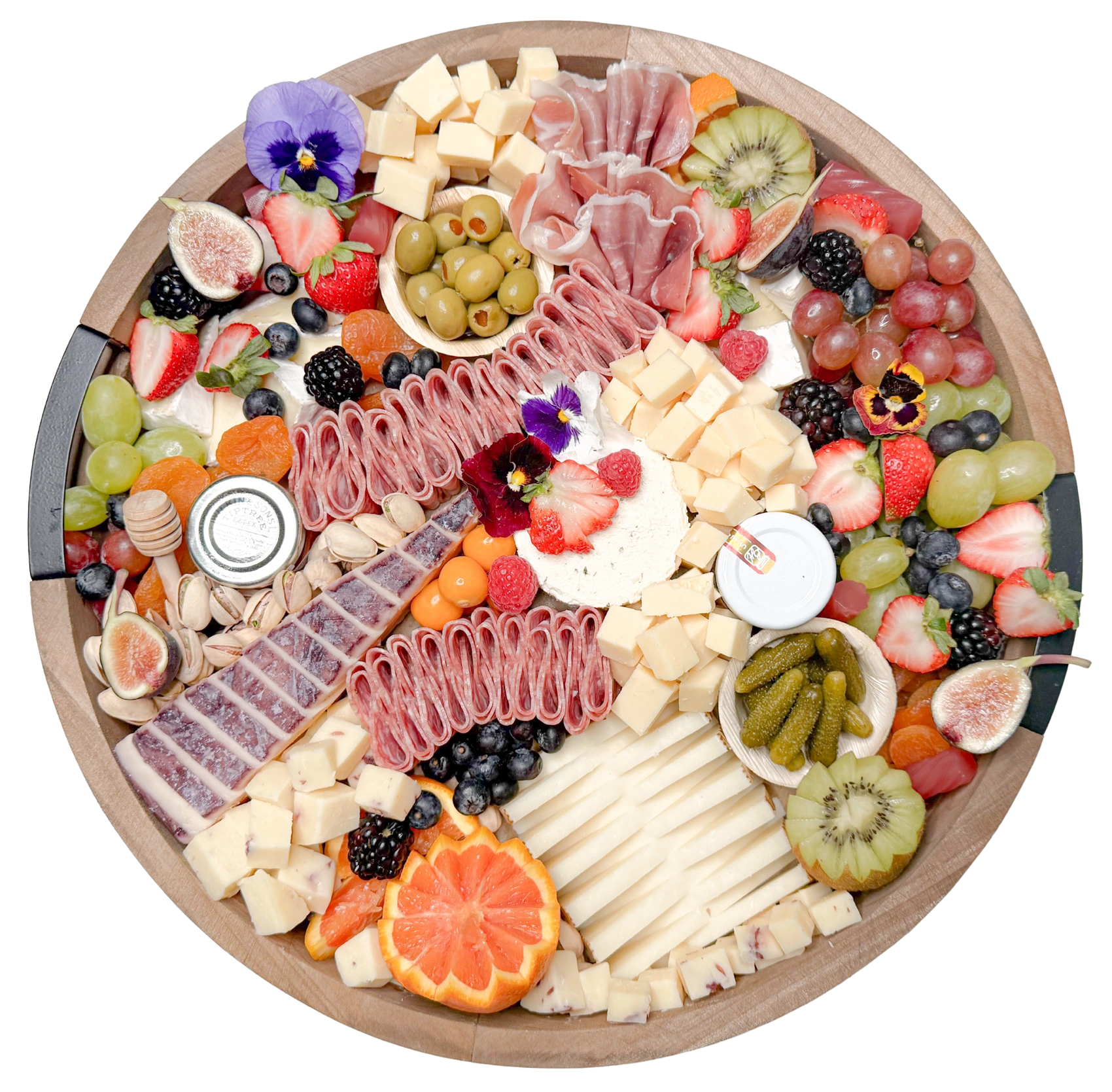 Best Charcuterie Board in Orange County featuring Gouda, Manchego, Brie, Prosciutto, fresh fruit, nuts, and honey, handcrafted catering display.
