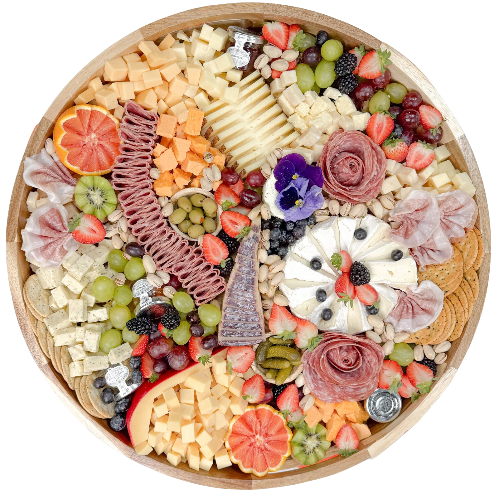 Best Charcuterie Boards in Orange County with cheddar cheese, brie cheese, manchego cheese, Gouda cheese, Havarti cheese, Boursin cheese, BellaVitano Espresso cheese, serves 27-35 guests. Perfect for events