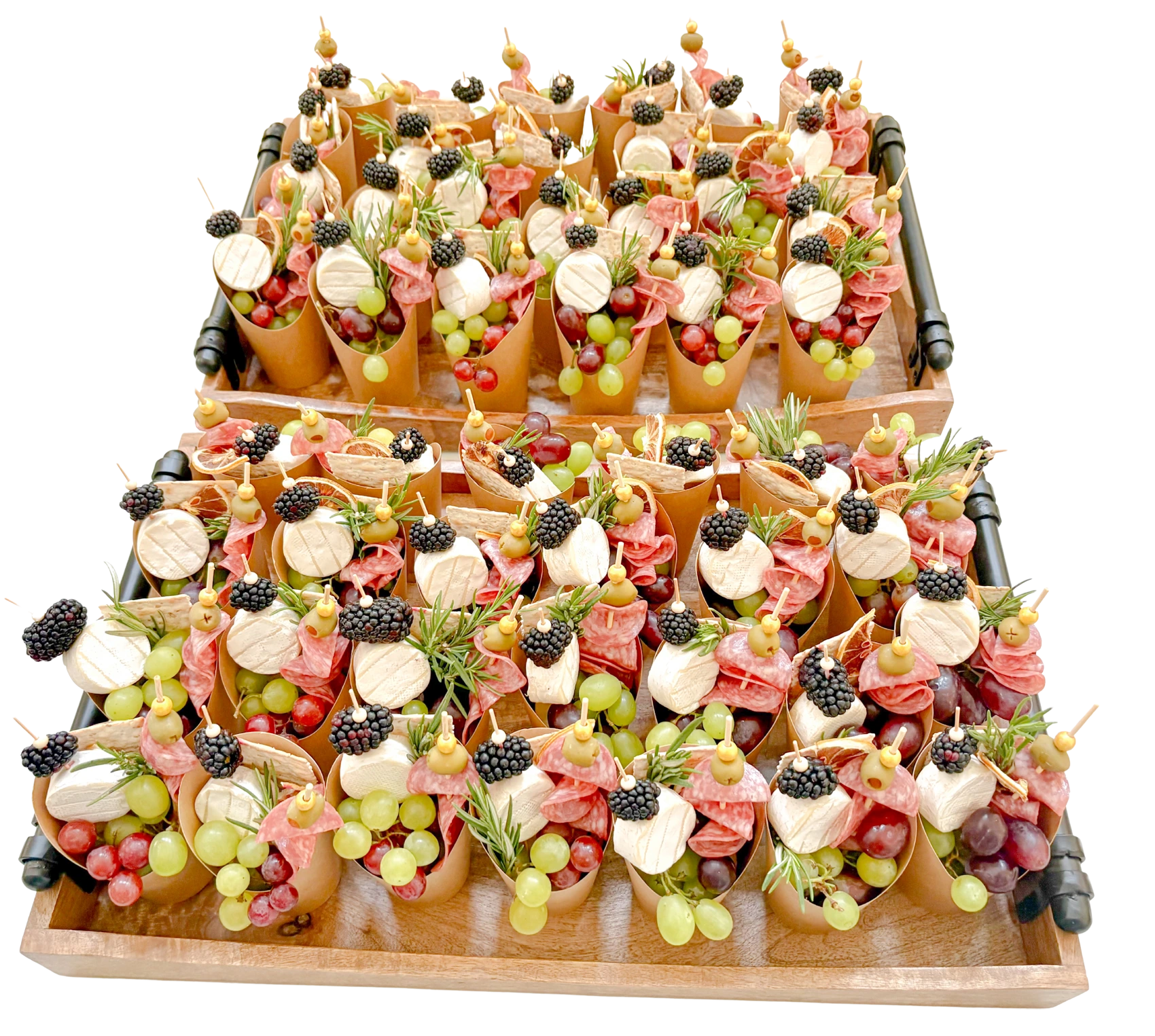 Individual charcuterie cups by Fork and Flare in Orange County, featuring brie, grapes, cured meats, blackberries, and crackers — perfect for events, open houses, broker opens, corporate functions, and social gatherings.