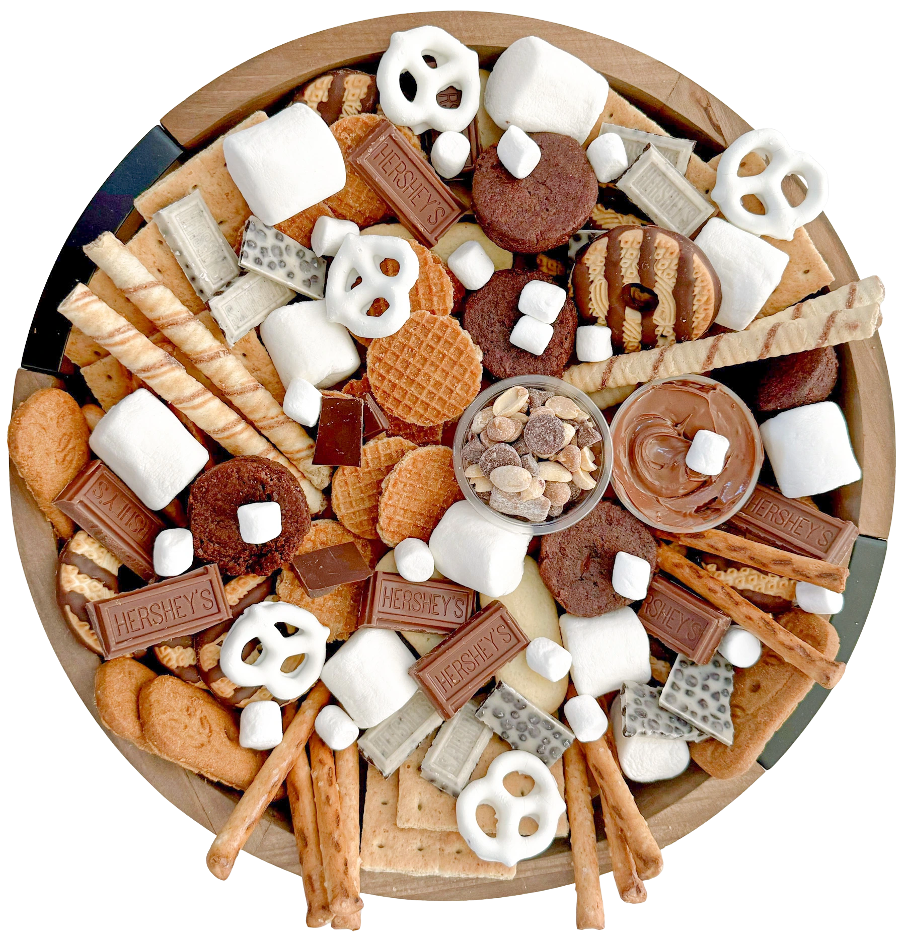 12-inch round s’mores dessert board with marshmallows, graham crackers, pretzel sticks, yogurt-dipped pretzels, brownie bites, chocolate wafers, mini stroopwaffels, Hershey chocolate, peanut chocolate chip trail mix, Nutella, and assorted cookies arranged for a festive charcuterie-style display — Fork and Flare Orange County catering.