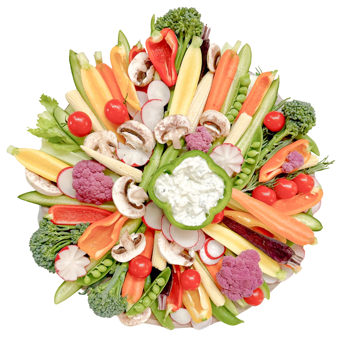 12-inch crudités board on bamboo leaf plate with fresh seasonal vegetables including carrots, cucumber, celery, peppers, snap peas, mushrooms, broccolini, radishes, cauliflower, and baby corn served with hummus, tzatziki, and roasted garlic dip — Fork and Flare catering Orange County.