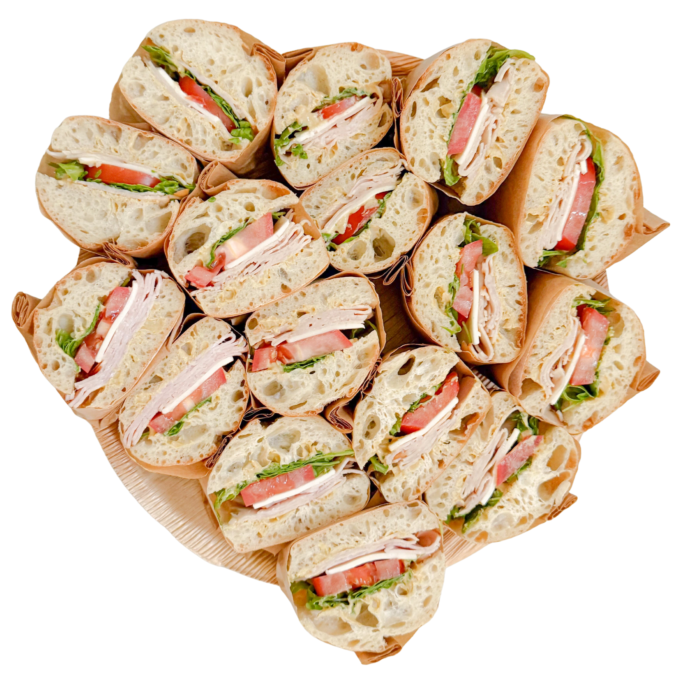 A dozen assorted mini sandwiches by Fork and Flare in Orange County, displayed on a catering platter with options including turkey and mozzarella, roast beef and provolone, ham and cheddar, caprese with pesto, cucumber with cream cheese and dill, and a triple meat turkey, ham, and bacon sandwich, all handcrafted for events and gatherings.