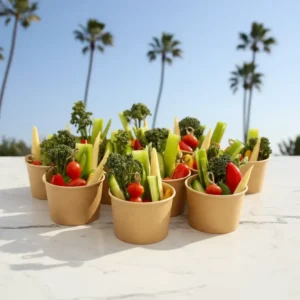 Crudite cups catered in Orange County by Fork and Flare featuring individual clear cups filled with fresh cut carrots, celery, cucumbers, cherry tomatoes, and bell peppers served with ranch dip for a corporate event.
