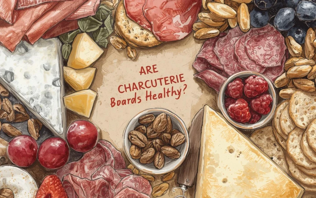 Are Charcuterie Boards Healthy text on a charcuterie board with cheese, fruit, vegetables, nuts, and lean meats, balanced grazing platter, healthy charcuterie board ideas for nutrition and portion control