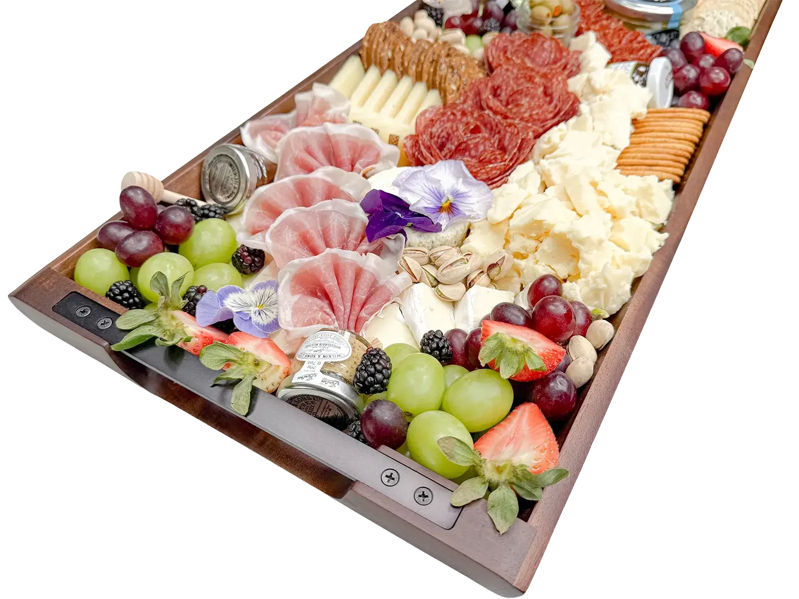 Large Grab and Graze grazing board from Fork and Flare in Irvine CA showcasing premium artisan cheeses, cured meats, seasonal fruit, crisp crackers, mixed nuts and gourmet accompaniments designed for corporate events, weddings and celebrations in Orange County serving 40 guests.