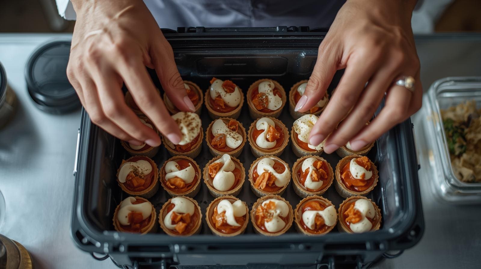 carefully arranging delicate canapés into a secure transport container