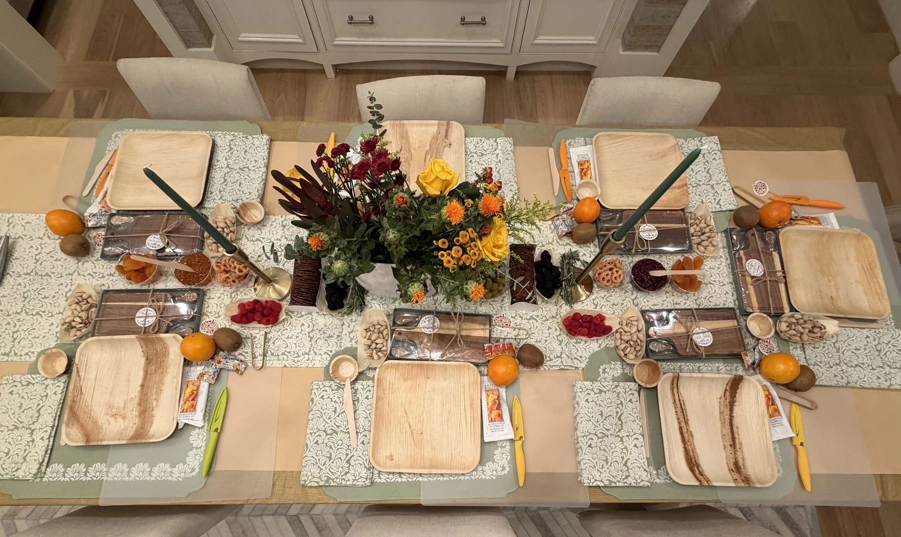 Best charcuterie workshop in Newport Beach appears in this Fork and Flare photo, showing a clean, ready-to-start table with individual boards set for each guest, featuring neatly portioned artisan cheeses, folded cured meats, fresh fruit, and accompaniments prepared by Fork and Flare for a guided group class in Newport Beach.
