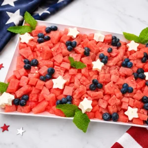Fourth of July fruit board featuring watermelon, blueberries, feta stars, and fresh mint.